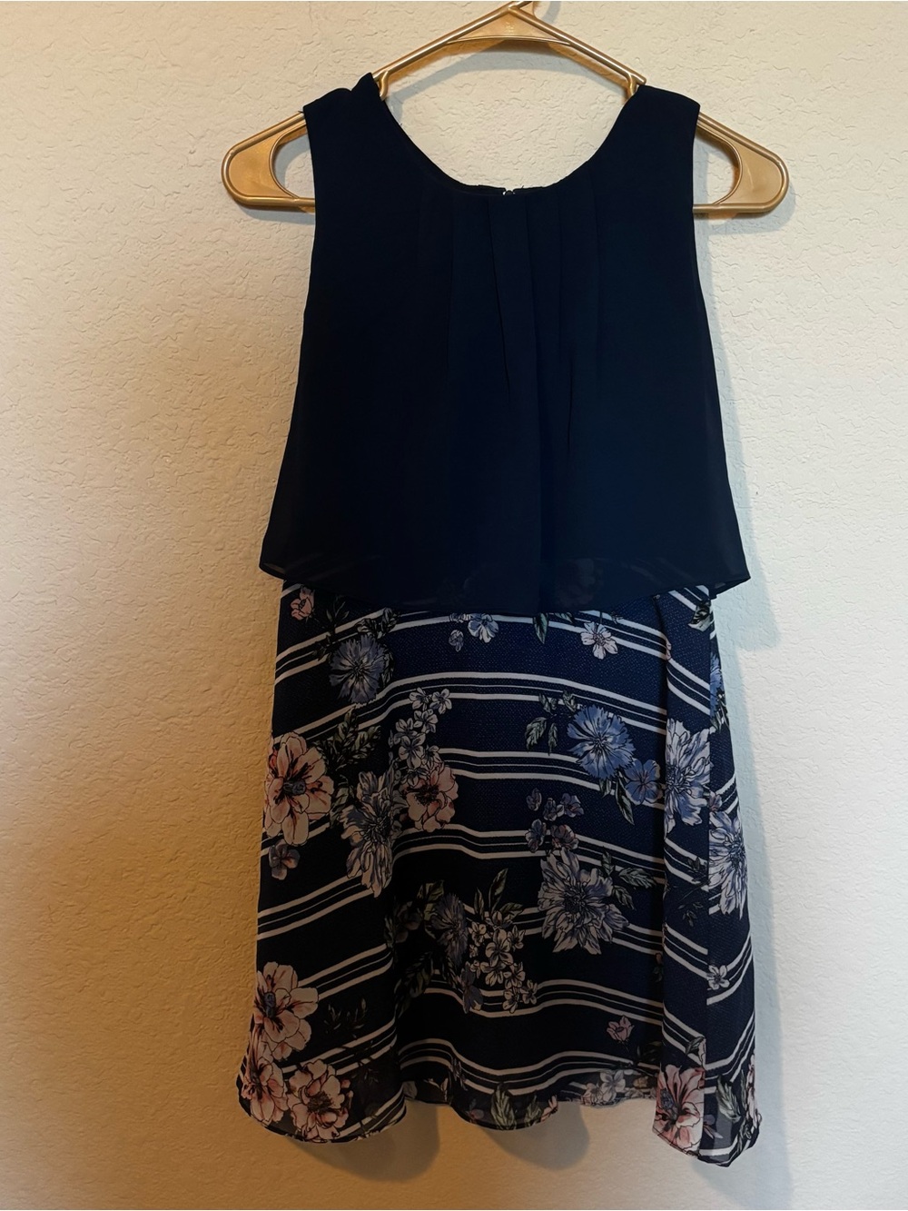 IZ Byer Girl Navy Sleeveless Popover Dress Striped Floral Skirt Size 14